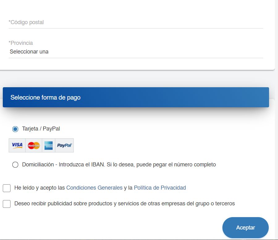 Formulario de pago de eInforma, junto con el botón “Aceptar”.