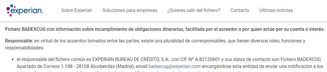 Email y dirección postal de Experian en donde puedes pedir tu fichero Badexcug.